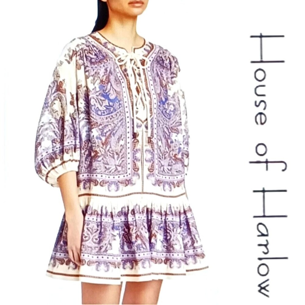 NEW House of Harlow 1960 Linen Blend Paisley Lace Up Dress Ruffle Hem Sz L